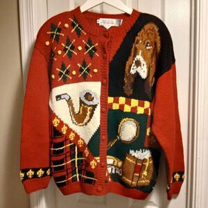 Vintage ALEXANDRA BARTLETT THE EAGLE'S EYE Dog Pattern Knit Cardigan Sweater M